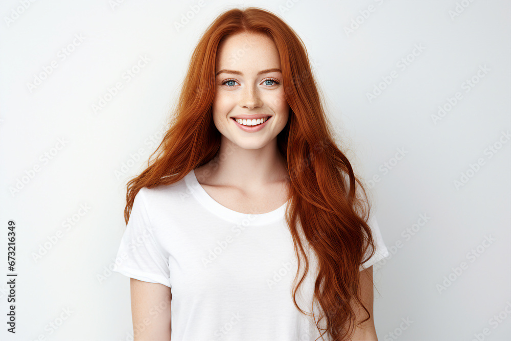 Generative AI illustration of young ginger redhead girl with curly haird beaming smiling over background Generative AI illustration of young ginger redhead girl with curly haird beaming smiling over background