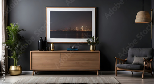 Mockup frame on cabinet in living room interior on empty dark wall © Nisit