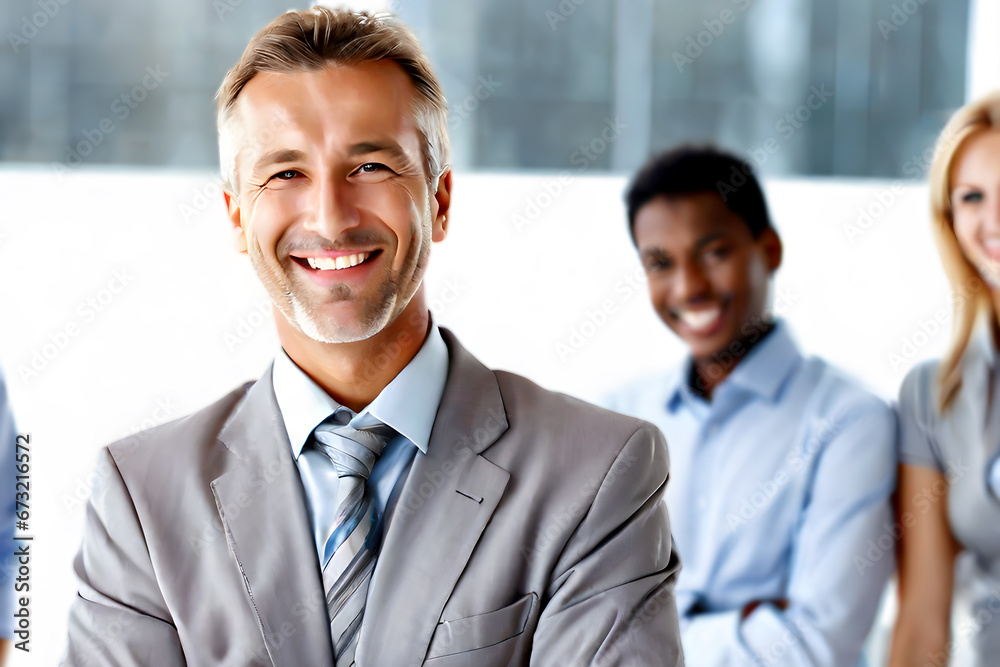 smiling mid-age businessman standing in front of team, at meeting room office, smiling at camera smiling mid-age businessman standing in front of team, at meeting room office, smiling at camera