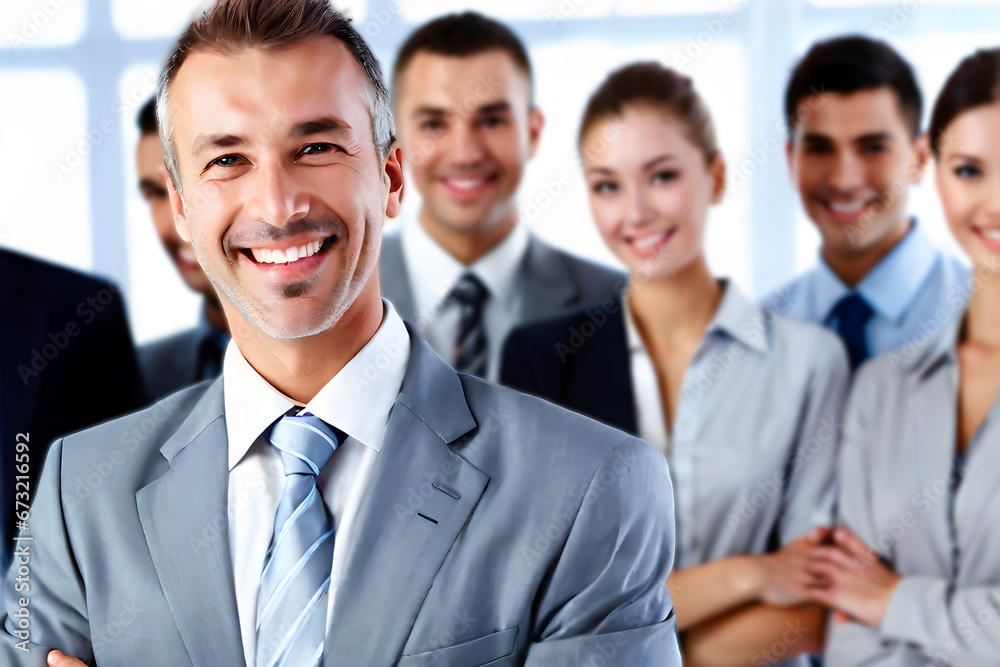 smiling mid-age businessman standing in front of team, at meeting room office, smiling at camera smiling mid-age businessman standing in front of team, at meeting room office, smiling at camera