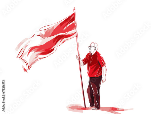 Drawing of senior man waving a red flag illustration separated, sweeping overdrawn lines.