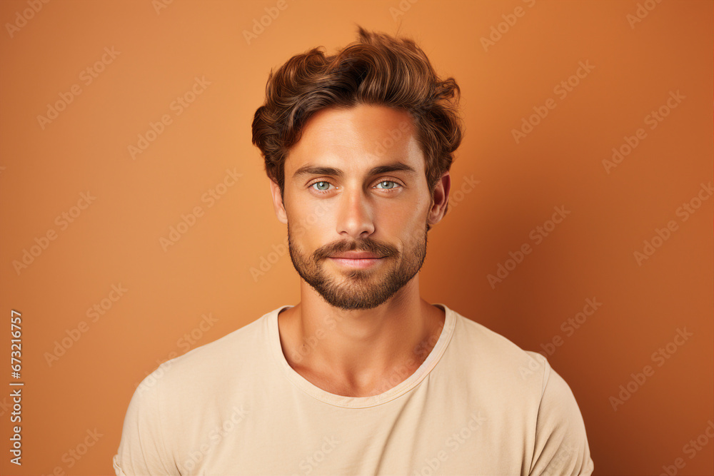 Generative AI portrait of a very handsome brown hair man isolated on beige background Generative AI portrait of a very handsome brown hair man isolated on beige background