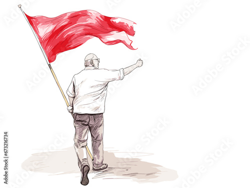 Drawing of senior man waving a red flag illustration separated, sweeping overdrawn lines.