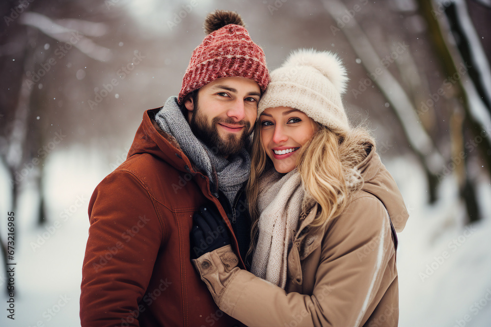 Generative AI image of happy cute beautiful hugging couple walking in winter park snowy frosty cold day Generative AI image of happy cute beautiful hugging couple walking in winter park snowy frosty cold day