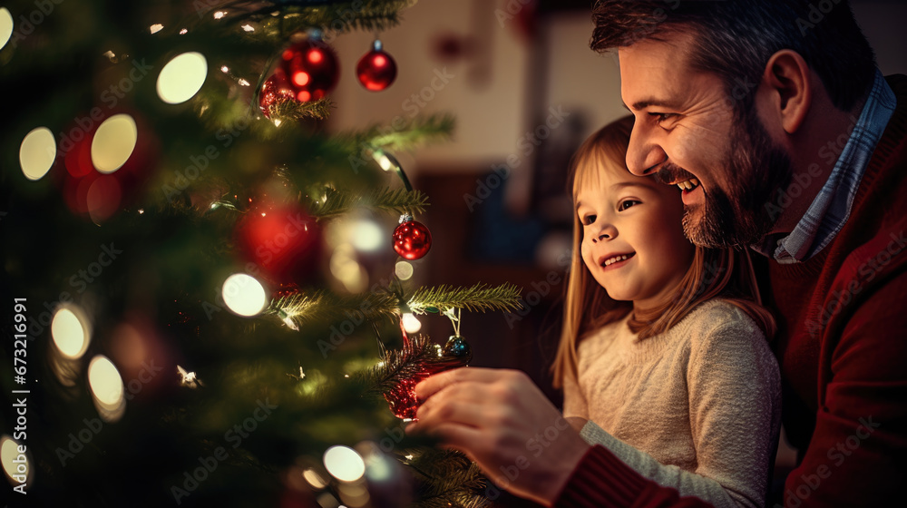 A father and his daughter share a heartwarming moment as they decorate a glowing Christmas tree together. A father and his daughter share a heartwarming moment as they decorate a glowing Christmas tree together.