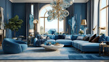 a living room filled with lots of blue furniture