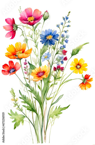 watercolor different wildflowers long stem on transparent background