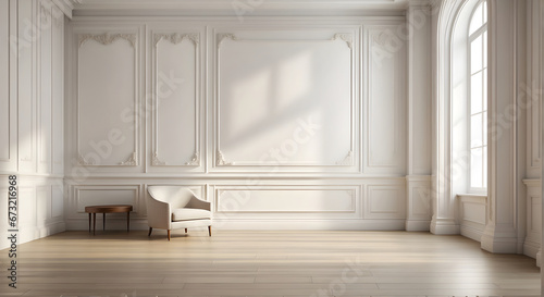 White wall classic style and wooden floor, empty room interior