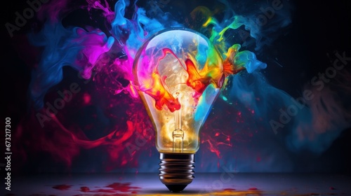 A creative lightbulb bursts into a riot of color and paint. Fresh notion, conceptual brainstorming 