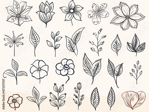 Drawing of Set of vector flower icons illustration separated, sweeping overdrawn lines.