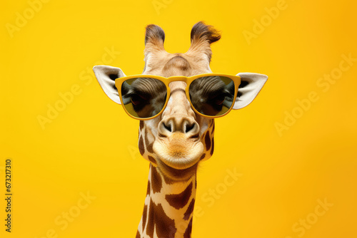 Funny giraffe with sunglasses on yellow background with copy space