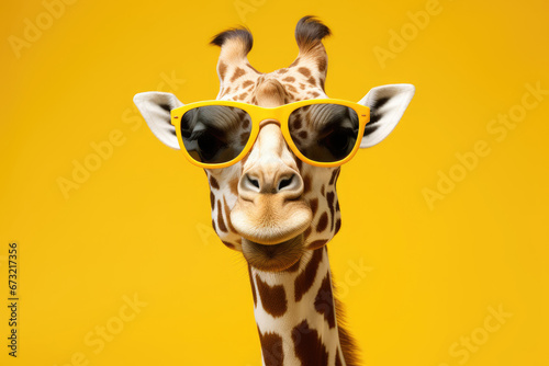 Funny giraffe with sunglasses on yellow background with copy space