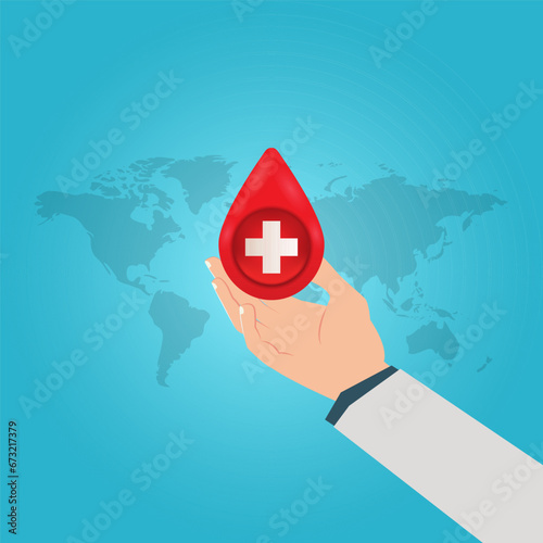 Doctor's hand with blood drop and white cross inside. World hemophilia day vector illustration