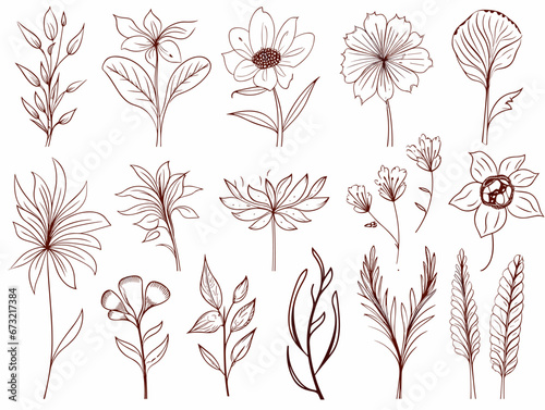 Drawing of Set of vector flower icons illustration separated  sweeping overdrawn lines.