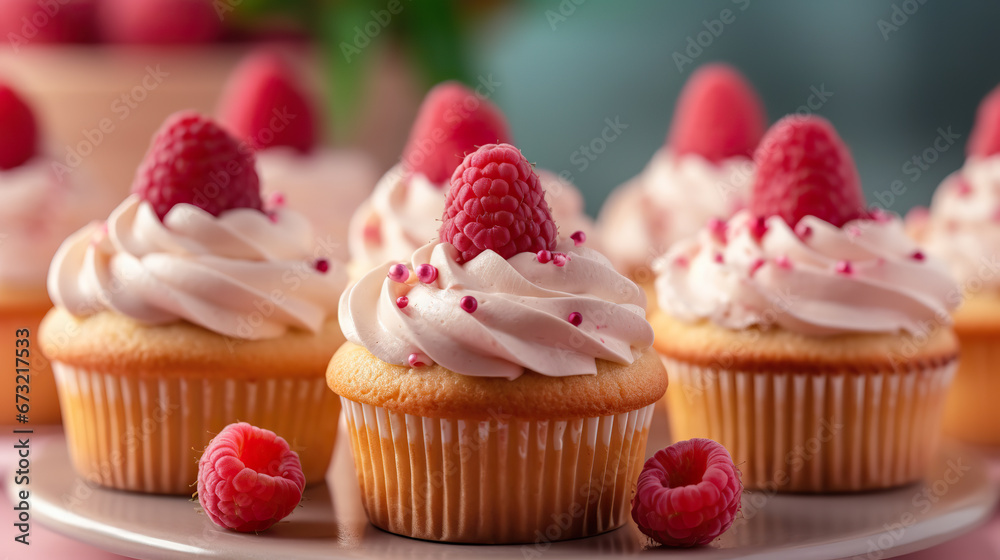 Delicious Raspberry Cupcakes on a Festive Table,cupcakes with cream,cupcakes with cream and berries