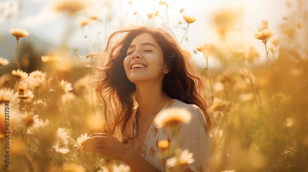 Overjoyed Woman Immersed in a Beautiful Summer Field, Ideal for Summer Themes Overjoyed Woman Immersed in a Beautiful Summer Field, Ideal for Summer Themes