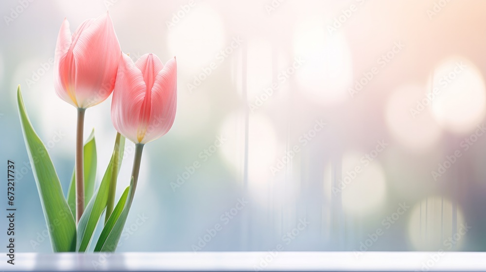A single pink tulip in focus and reflections on the mirror or glass or window. Spring flowers background photo - obrazy, fototapety, plakaty 