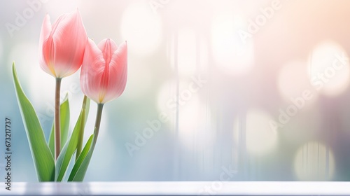 A single pink tulip in focus and reflections on the mirror or glass or window. Spring flowers background photo photo