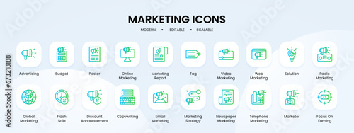 Marketing icon collection with blue and green gradient outline style. business, collection, marketing, social, media, symbol, set. Vector illustration