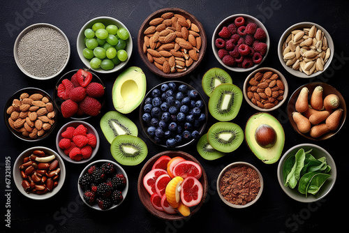 Selection of healthy food. Superfoods, various fruits and assorted berries, nuts and seeds