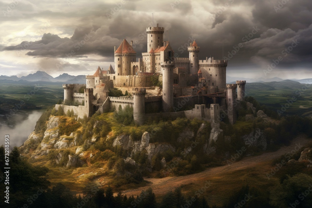Medieval castle nestled in a picturesque landscape filled with cloudy skies. Generative AI