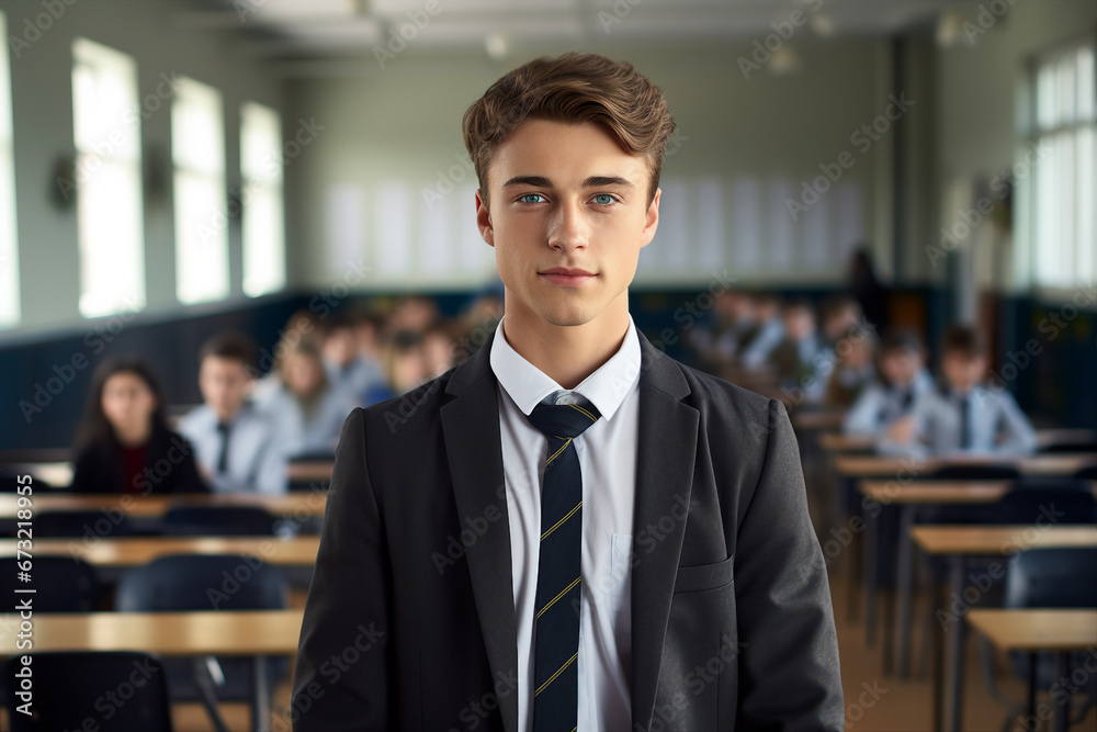 Generated by AI photo of happy male brown hair student standing in classroom isolated in educational environment background Generated by AI photo of happy male brown hair student standing in classroom isolated in educational environment background