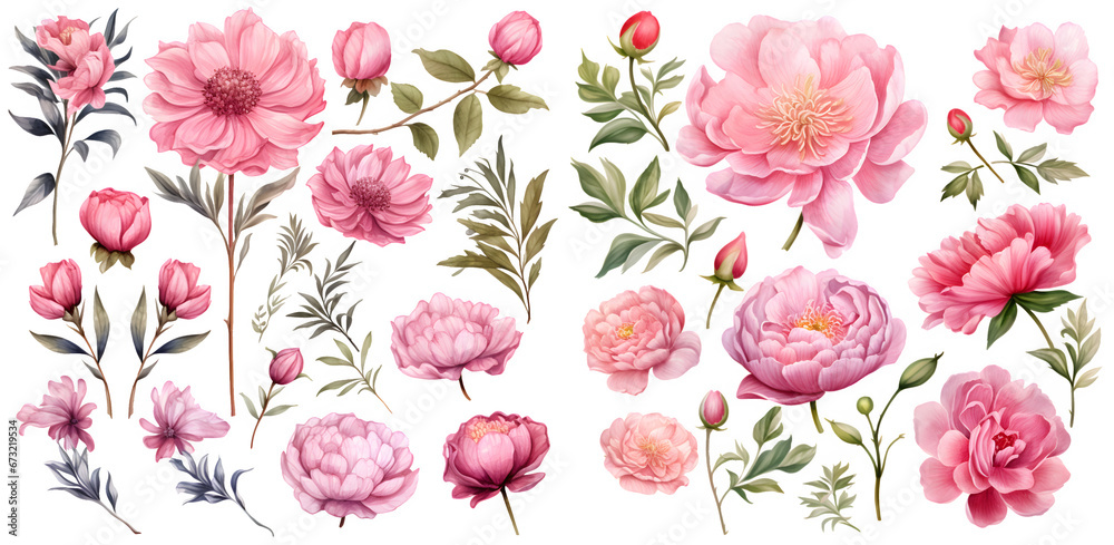 Pink floral elements  watercolor illustration clipart. Generative AI - obrazy, fototapety, plakaty 