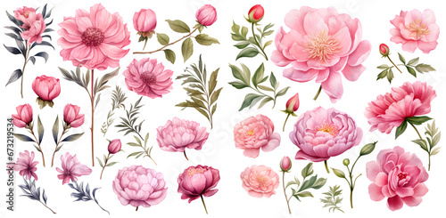 Pink floral elements  watercolor illustration clipart. Generative AI
