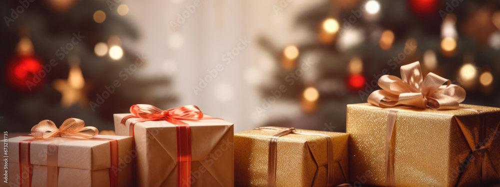 Elegantly wrapped Christmas presents adorned with shimmering ribbons, placed on a table, with a softly lit Christmas tree in the background Elegantly wrapped Christmas presents adorned with shimmering ribbons, placed on a table, with a softly lit Christmas tree in the background