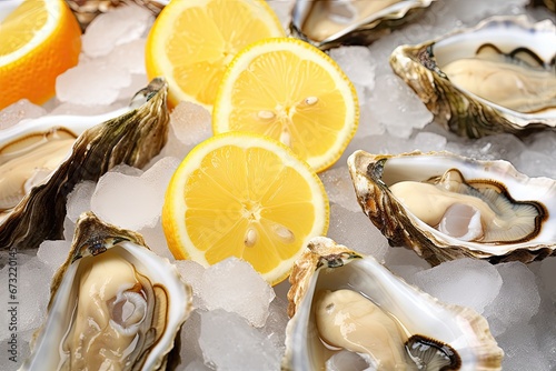 Fresh oysters molluscs shucked on ice with lemon ready to eat close up