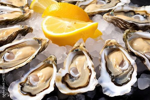 Fresh oysters molluscs shucked on ice with lemon ready to eat close up photo