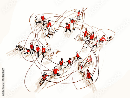 Drawing of team members working together top view illustration separated, sweeping overdrawn lines.