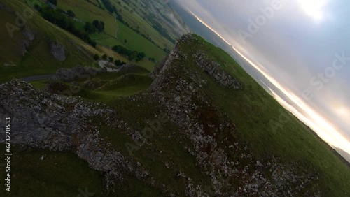 Amazing Brecon Beacons National Park in Wales from above. Fpv Drone footage of Llangynidr mountain flying low across the ground and viewing the welsh valleys. Vertical, vertical video background. photo