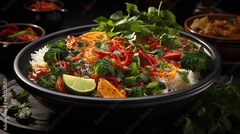 An Vegan Thai Curry With Steamed White Rice in a Plate Selective Focus Background