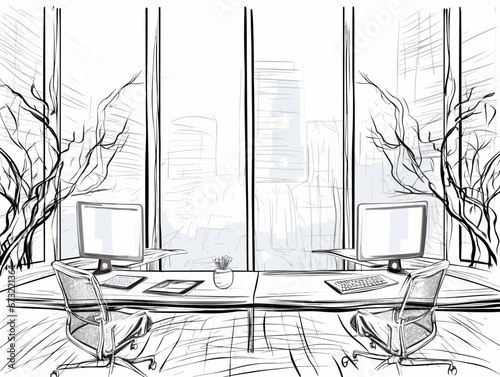 Drawing of two workplaces on the background of the windows. illustration separated, sweeping overdrawn lines.