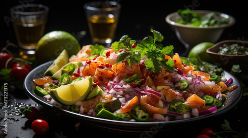 Close Up on A Delicious Ceviche on a Wooden Table Top on Selective Focus Background