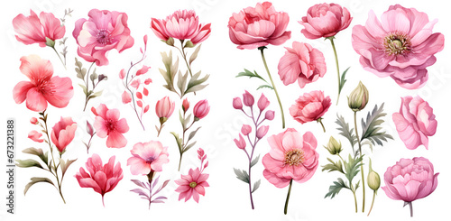 Pink floral elements watercolor illustration clipart. Generative AI