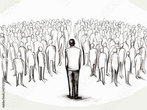 Drawing of Unique man standing out from the crowd of regular man illustration separated, sweeping overdrawn lines.