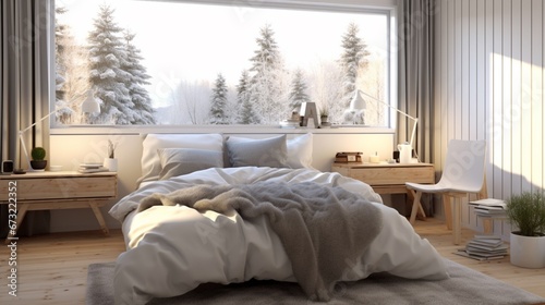 scandinavian style of bedroom white atmostphere simple.Generative AI photo
