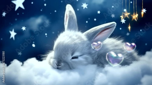 Lullaby For Babies video template looping rabbit bunny sleep on cloud, relax and nice dream on night 4k quality photo