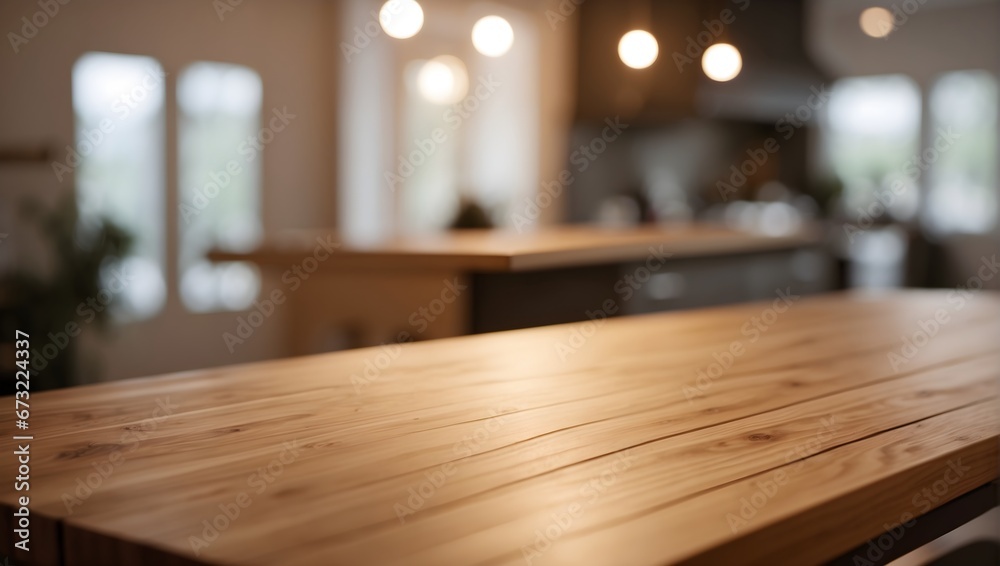 Obraz premium Wooden table on blurred kitchen bench background. Empty wooden table and blurred kitchen background