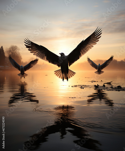 Majestic Morning  A Goose Spreads Its Wings on a Misty Lake