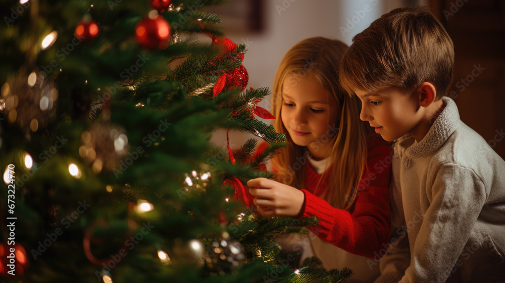 Young children decorate the Christmas tree at home.