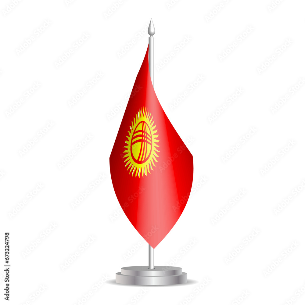 Obraz premium Kyrgyzstan flag - 3D mini flag hanging on desktop flagpole. Usable for summit or conference presentaiton. Vector illustration with shading.