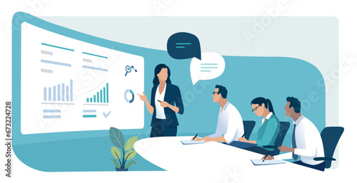 Education, presentation, economy. The business team listens to the teacher, female leader. Vector illustration.
