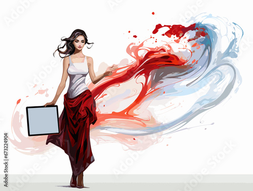 Drawing of woman holding laptop and pointing to blank screen illustration separated, sweeping overdrawn lines.