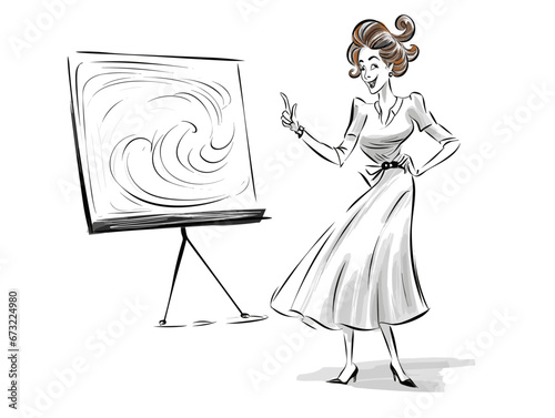 Drawing of Woman presenter with blank presentation whiteboard illustration separated, sweeping overdrawn lines.