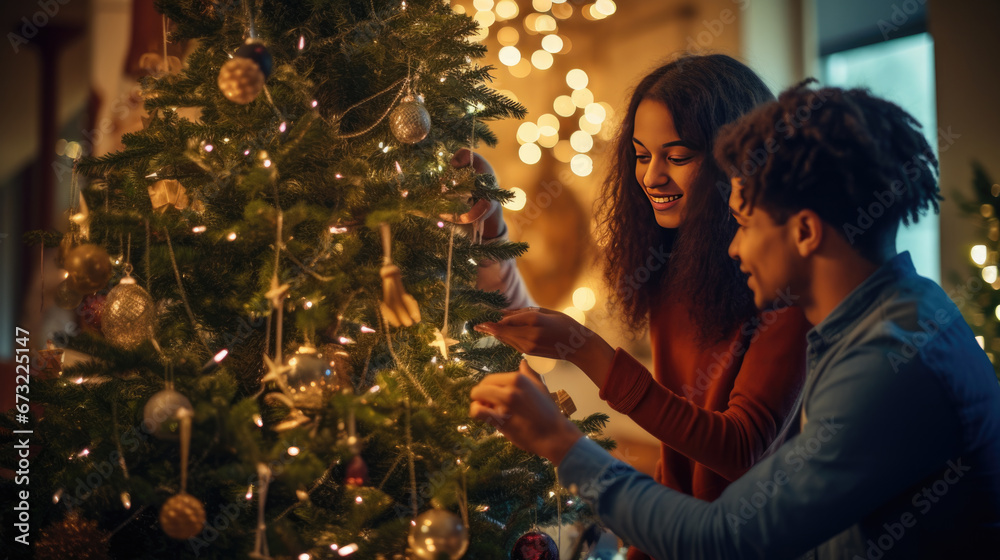 Young couple decorate the Christmas tree Young couple decorate the Christmas tree