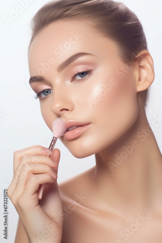 Photography european Girls Model use a Makeup brush on to brush her cheek . You can use it in your advertising or other high quality prints.