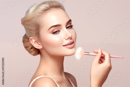 Photography european Girls Model use a Makeup brush on to brush her cheek . You can use it in your advertising or other high quality prints.